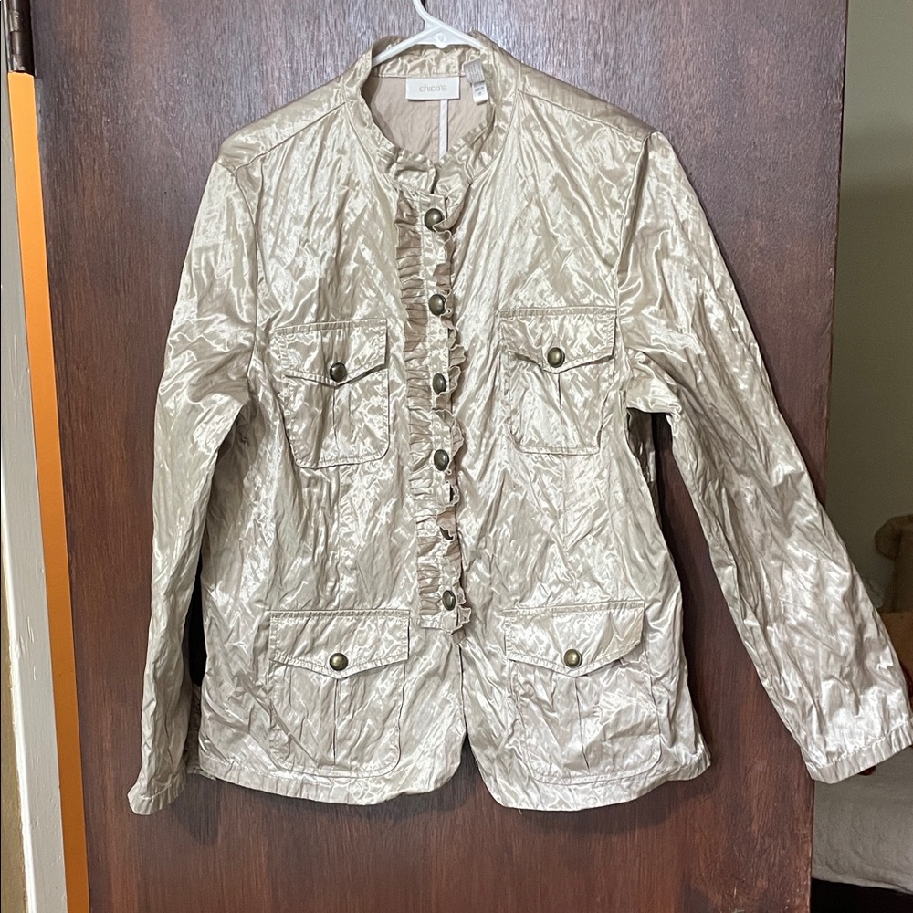 Chico’s metallic silver champagne ruffled cargo pocket jacket